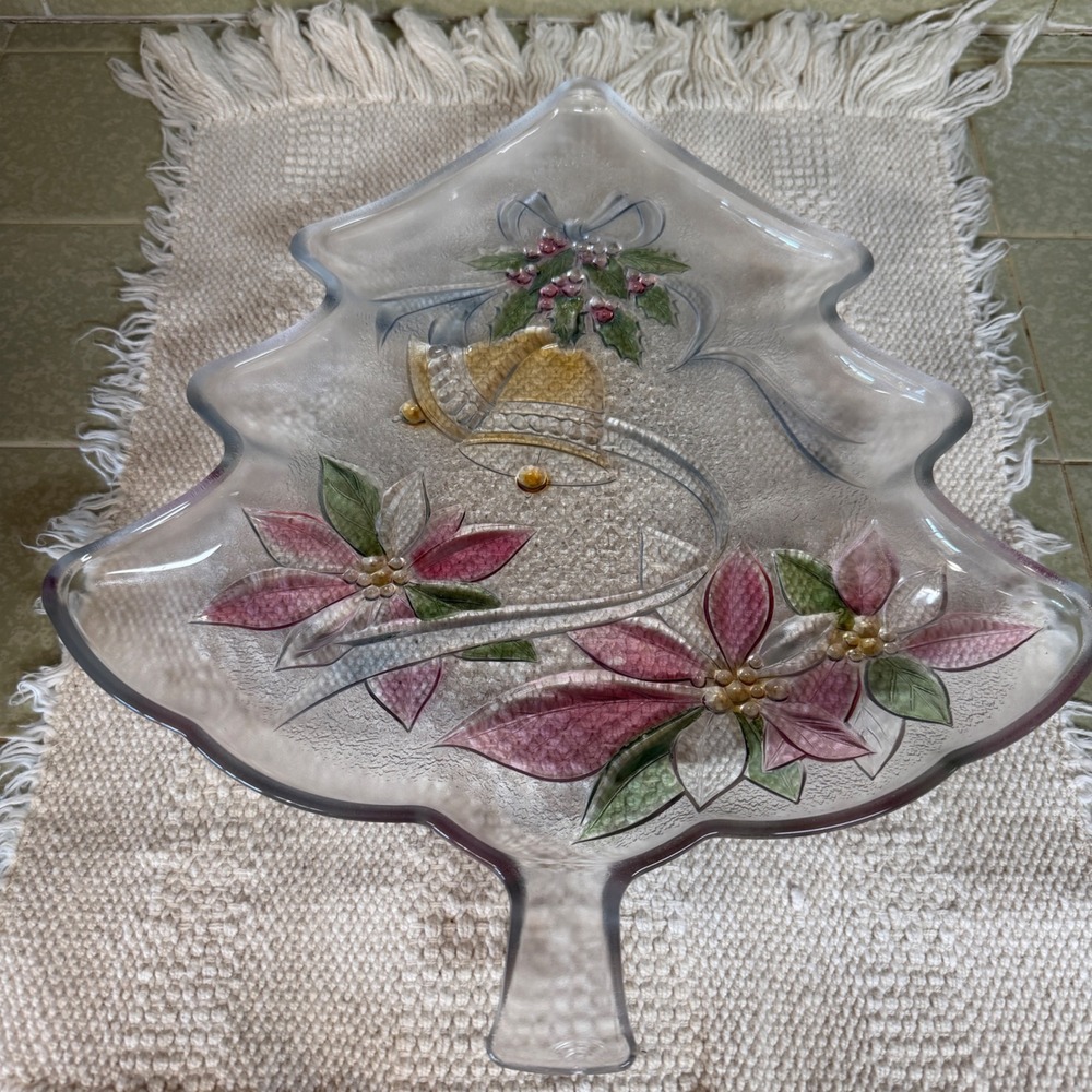 Vintage Christmas Tree Glass Platter Poinsettia Holly Bell Embossed Serving Tray